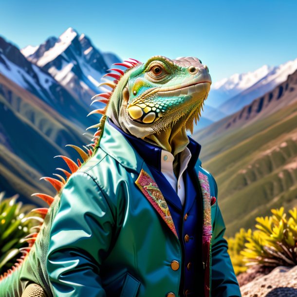 Foto de una iguana en una chaqueta en las montañas