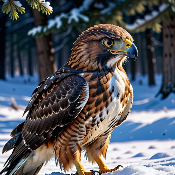 Foto de un halcón enojado en la nieve