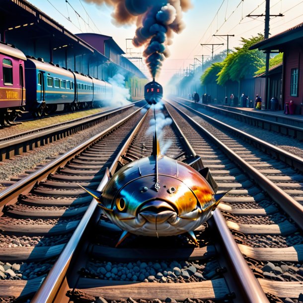 Picture of a smoking of a tuna on the railway tracks