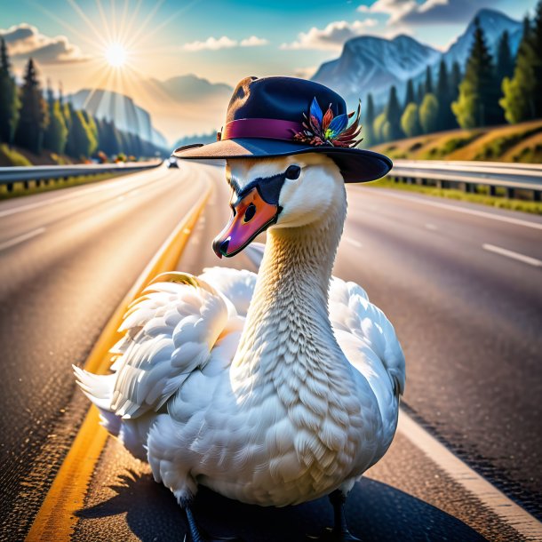 Foto de un cisne en un sombrero en la carretera