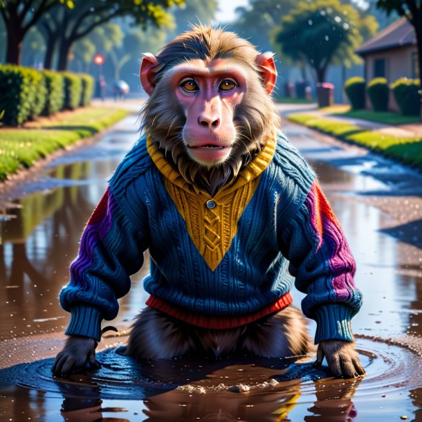 Pic of a baboon in a sweater in the puddle