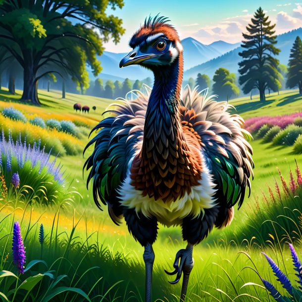 Drawing of a emu in a gloves in the meadow