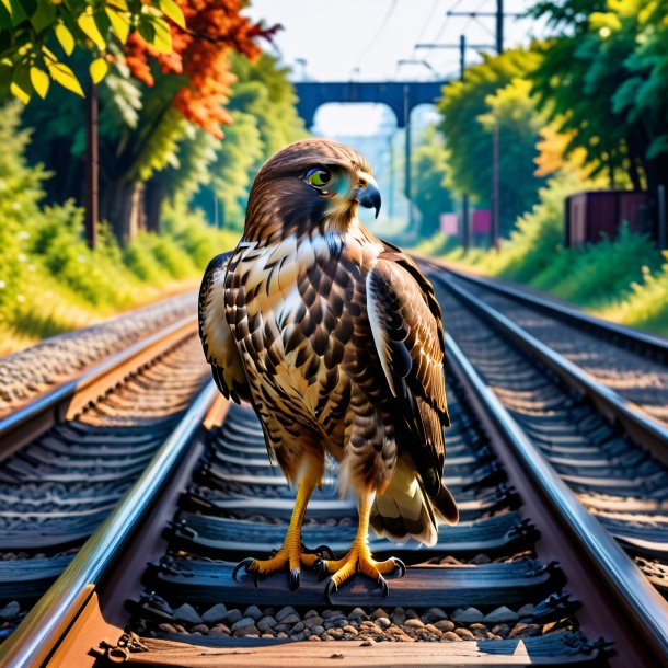 Photo of a waiting of a hawk on the railway tracks