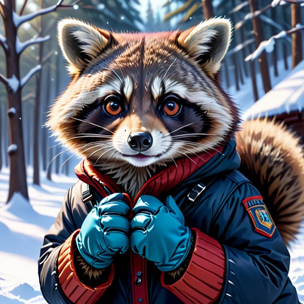 Drawing of a raccoon in a gloves in the snow