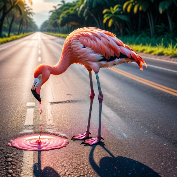 Pic of a drinking of a flamingo on the road