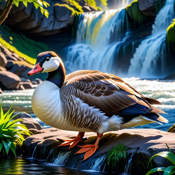 Pic of a resting of a goose in the waterfall