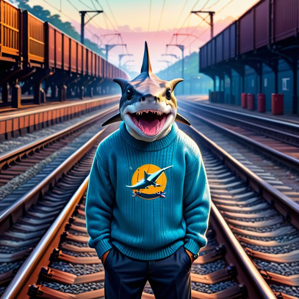 Illustration of a hammerhead shark in a sweater on the railway tracks