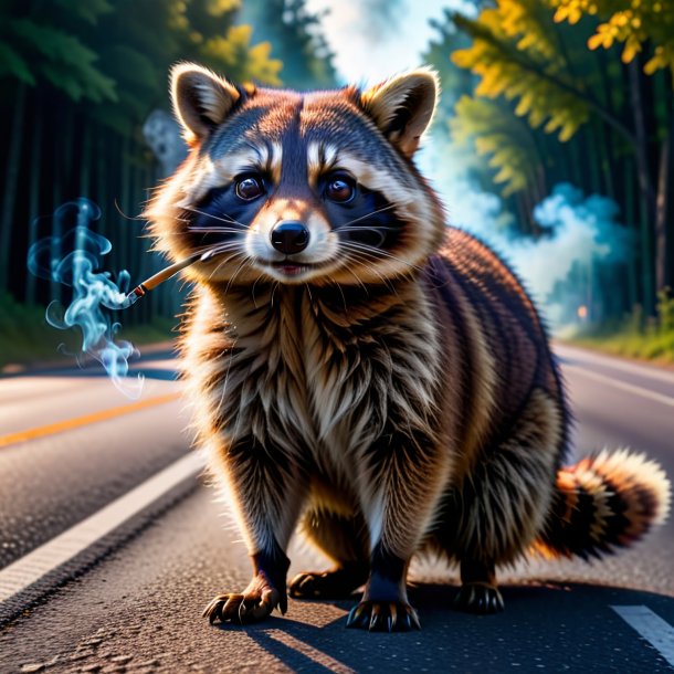 Picture of a smoking of a raccoon on the road