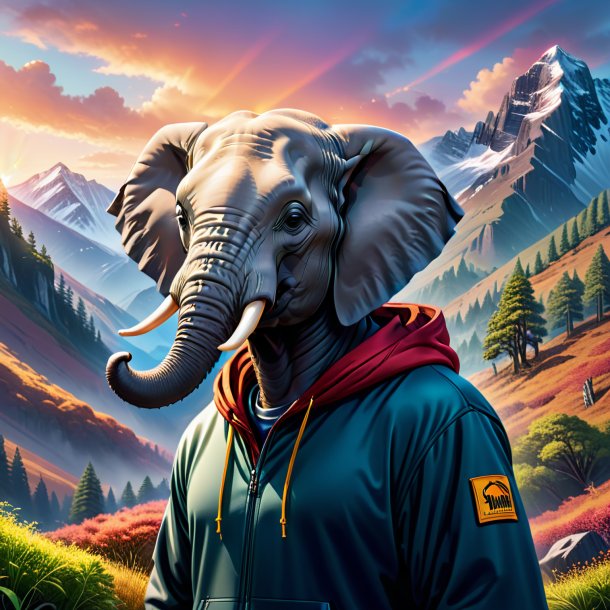 Ilustração de um elefante em um hoodie nas montanhas