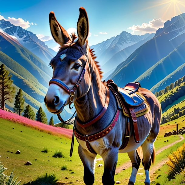 Picture of a donkey in a belt in the mountains