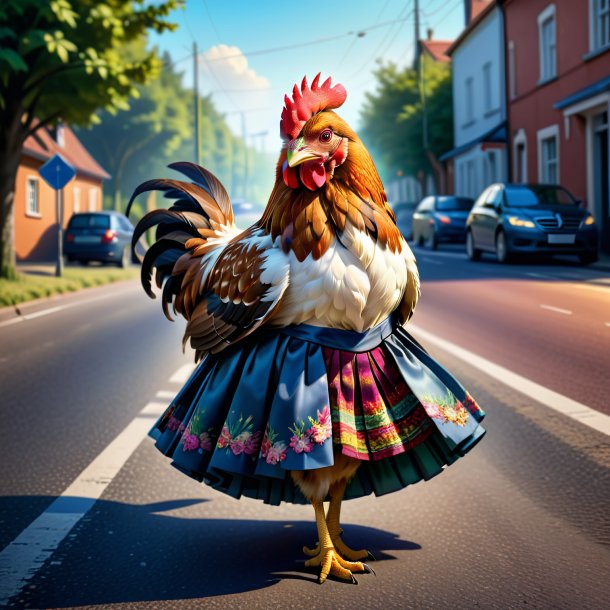 Ilustración de una gallina en una falda en el camino