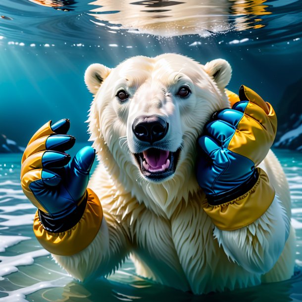 Picture of a polar bear in a gloves in the water