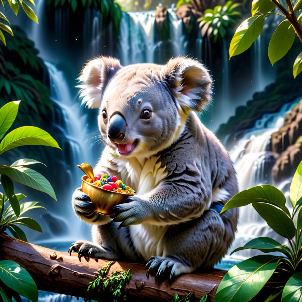 De um comer de um coala na cachoeira