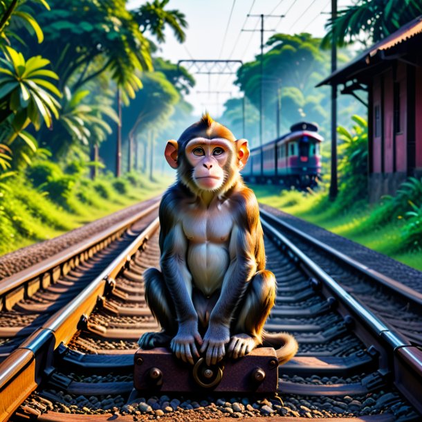 Image of a waiting of a monkey on the railway tracks