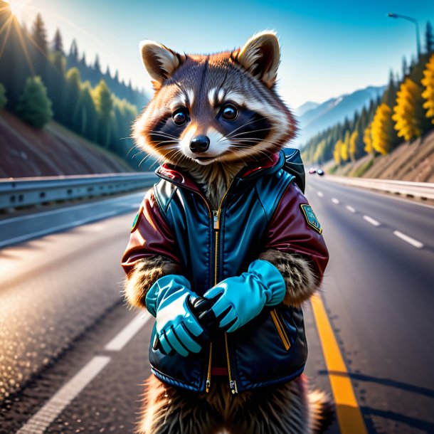 Photo d'un raton laveur dans un gants sur l'autoroute