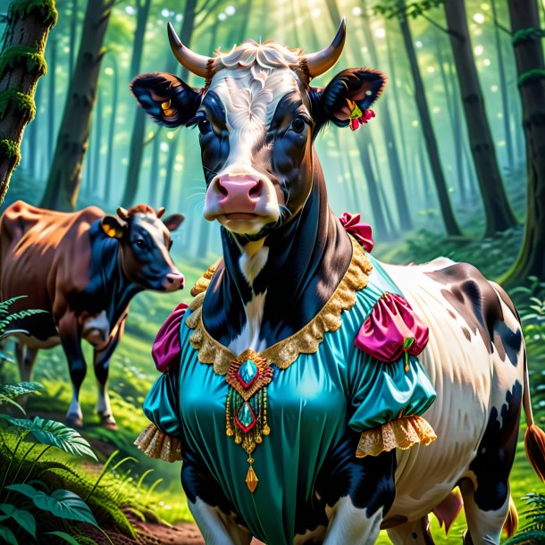 Picture of a cow in a dress in the forest