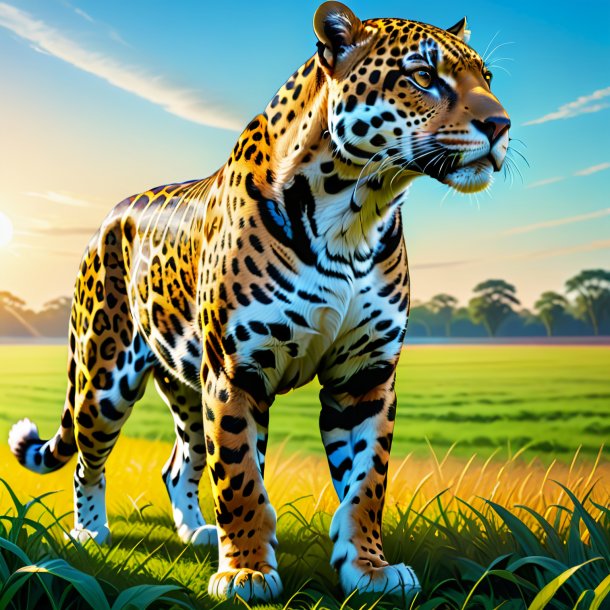 Desenho de um jaguar em uma calça no campo