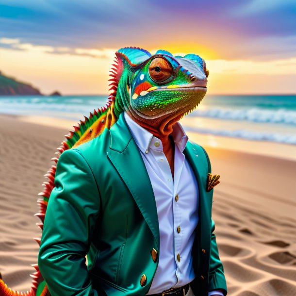 Pic of a chameleon in a jacket on the beach