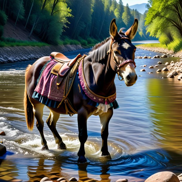 Picture of a mule in a skirt in the river