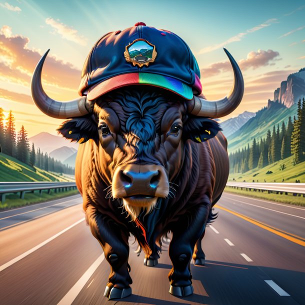 Illustration of a buffalo in a cap on the highway