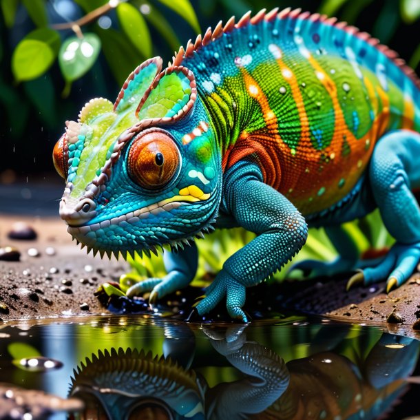 Image of a eating of a chameleon in the puddle