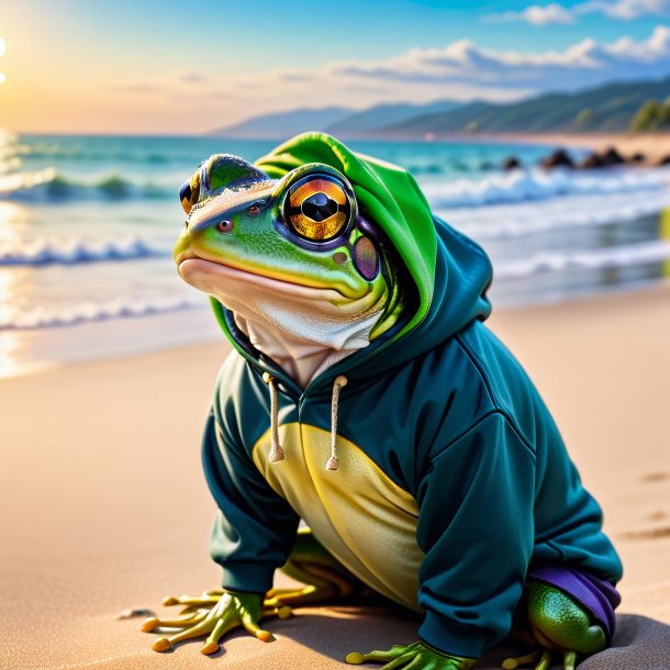 Foto de una rana en una sudadera con capucha en la playa