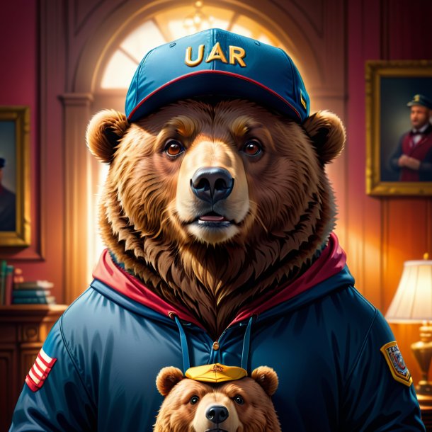 Illustration of a bear in a cap in the house