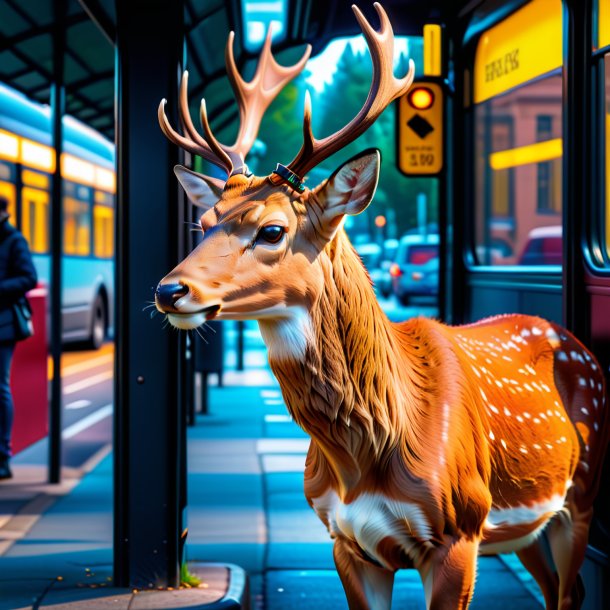 Pic of a deer in a belt on the bus stop