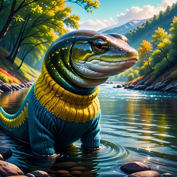 Illustration of a eel in a sweater in the river