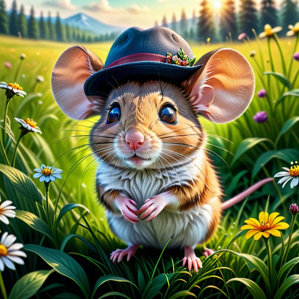 Dessin d'une souris dans un chapeau dans la prairie