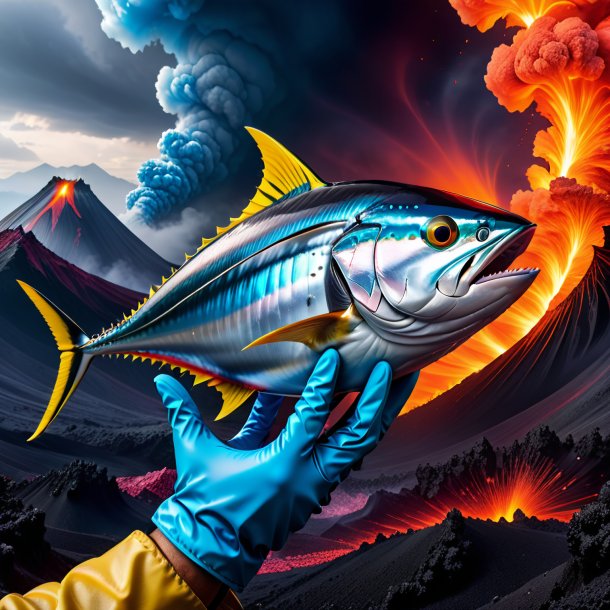 Picture of a tuna in a gloves in the volcano