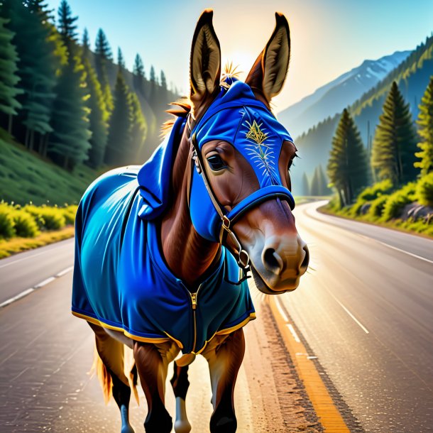 Image of a mule in a hoodie on the road