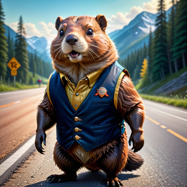 Illustration of a beaver in a vest on the road