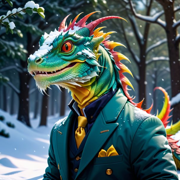 Picture of a basilisk in a jacket in the snow