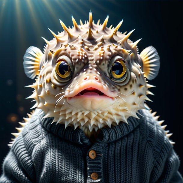 Picture of a pufferfish in a gray sweater