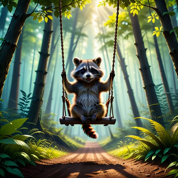 Photo of a swinging on a swing of a raccoon in the forest