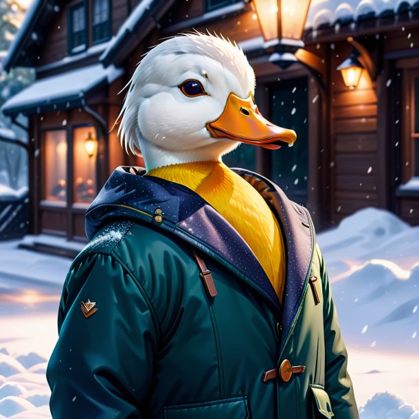 Illustration of a duck in a jacket in the snow