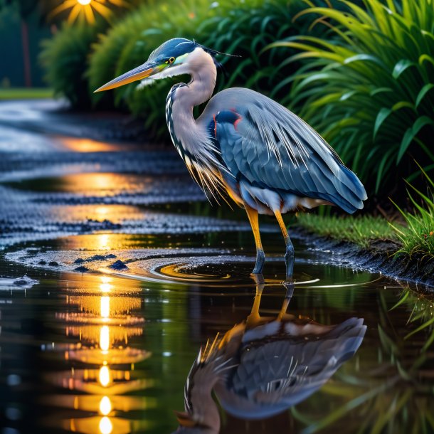 Photo of a heron in a belt in the puddle