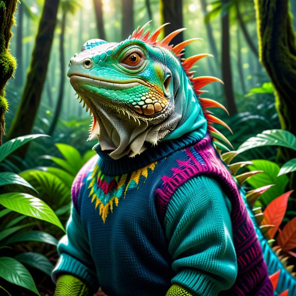 Picture of a iguana in a sweater in the forest