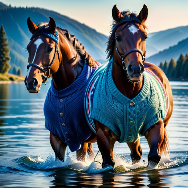 Picture of a horse in a sweater in the water