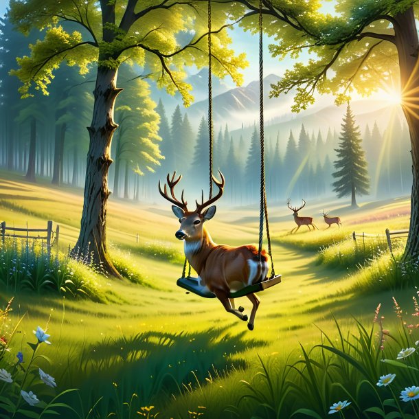 Pic of a swinging on a swing of a deer in the meadow