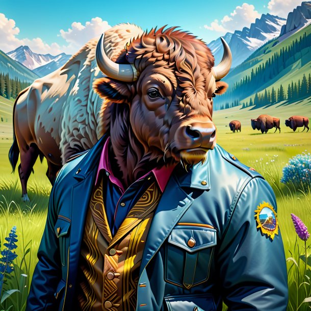 Illustration of a bison in a jacket in the meadow