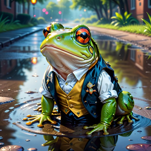 Illustration of a frog in a vest in the puddle