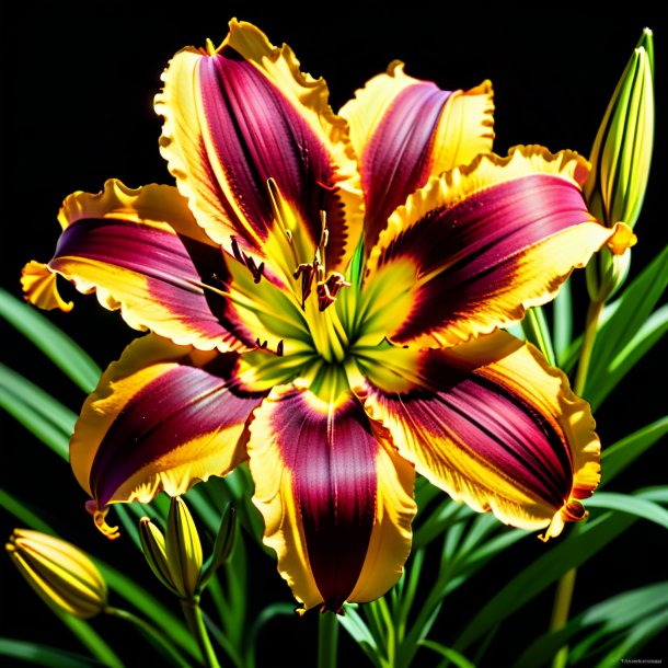 Depiction of a maroon daylily, yellow