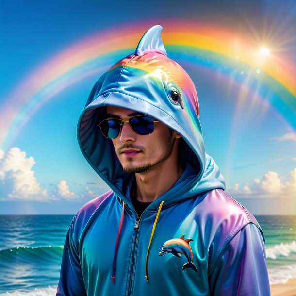 Picture of a dolphin in a hoodie on the rainbow