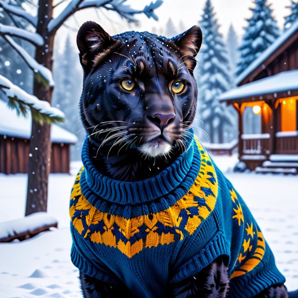 Image of a panther in a sweater in the snow