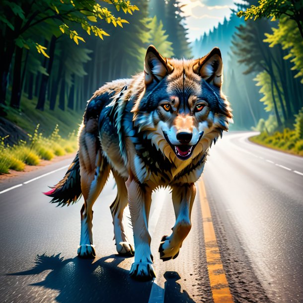 Pic of a threatening of a wolf on the road