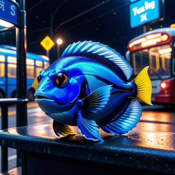 Photo of a blue tang in a gloves on the bus stop