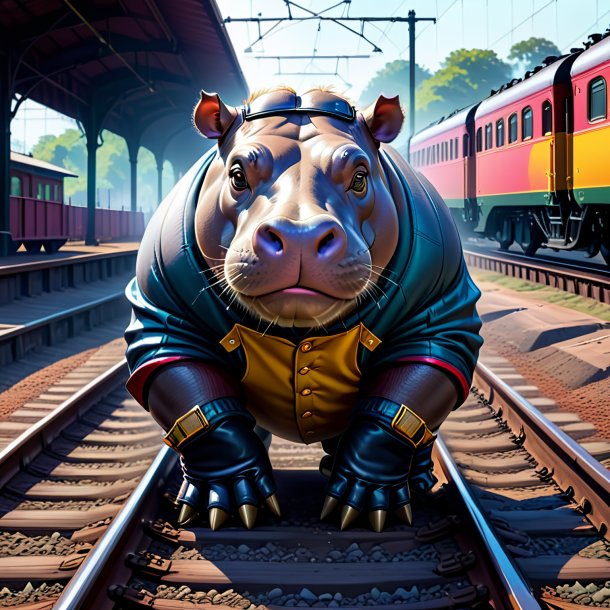 Drawing of a hippopotamus in a gloves on the railway tracks