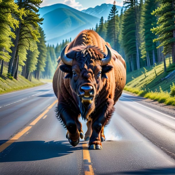 Image of a playing of a bison on the road